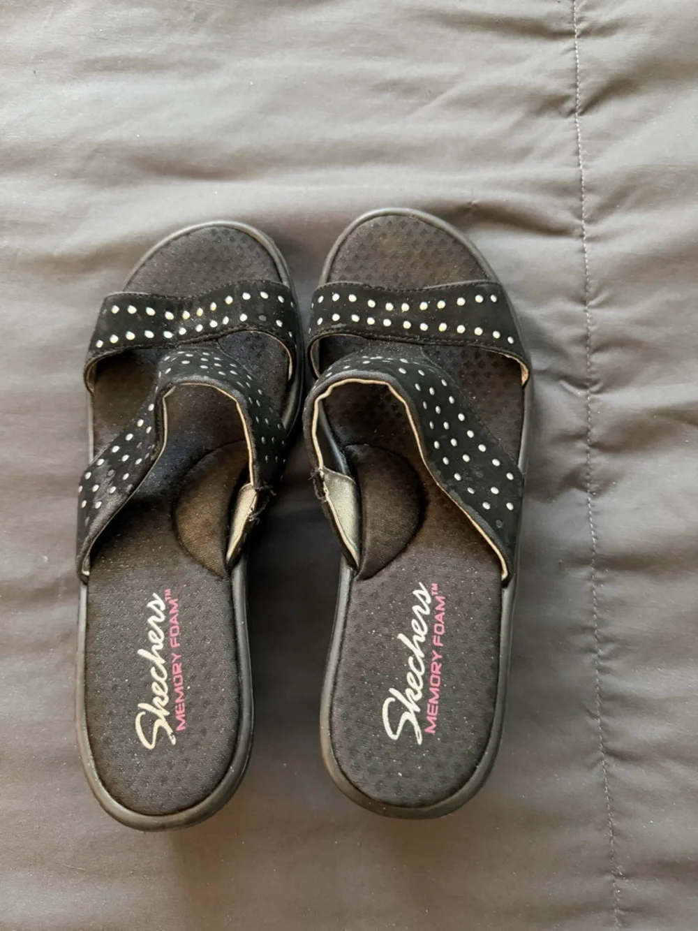 Skechers Women’s Black Slide Sandals with Silver Stud Accents